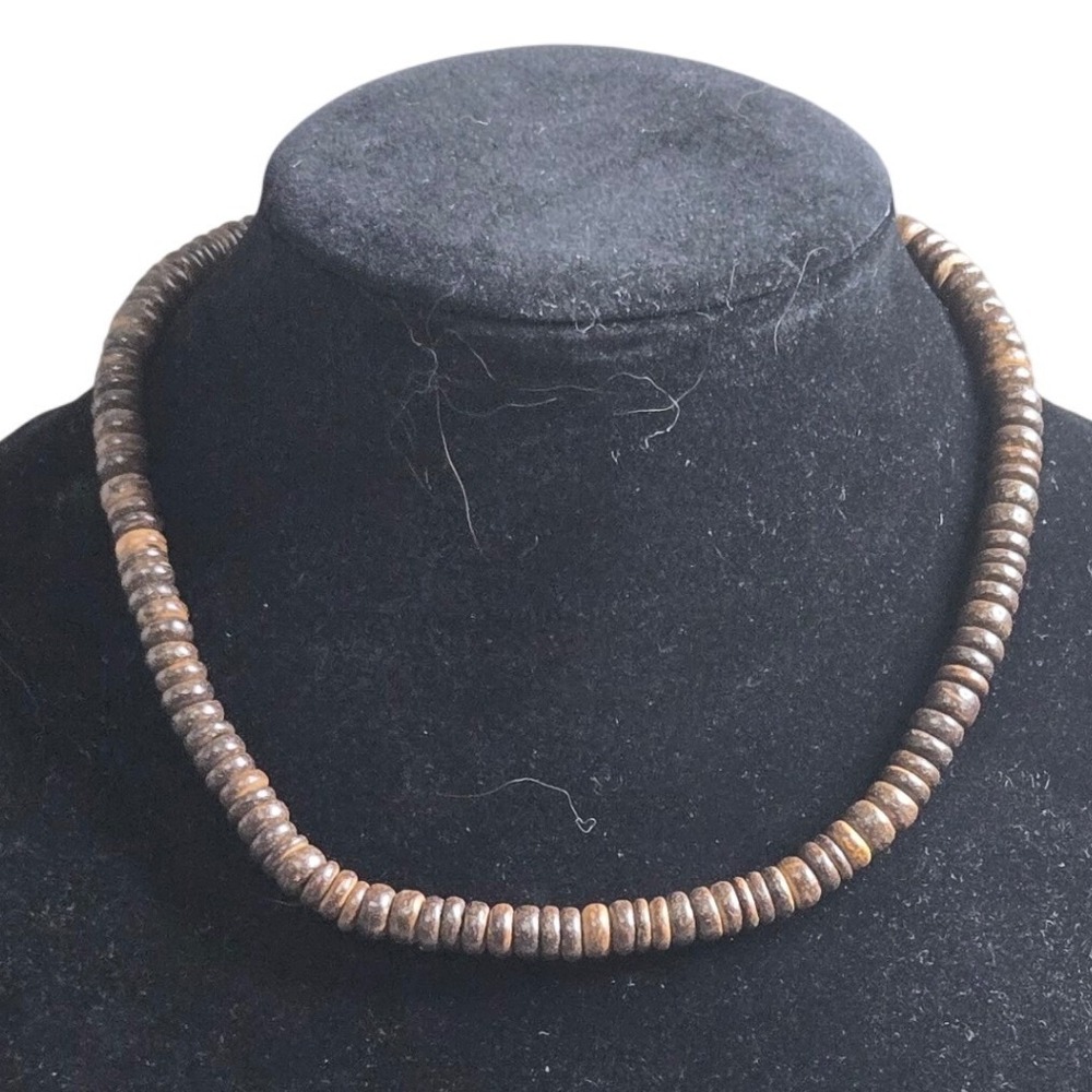 Unisex Brown Wood Heishi Bead‎ Necklace 18" Beachy Boho Surfer Style